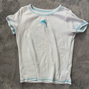 art class White Tee with Blue Dolphin Embroidery